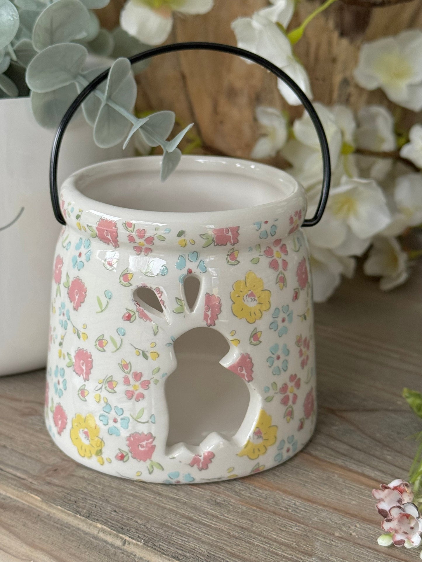 Floral Ceramic Tealight Holder with Bunny Cut Out