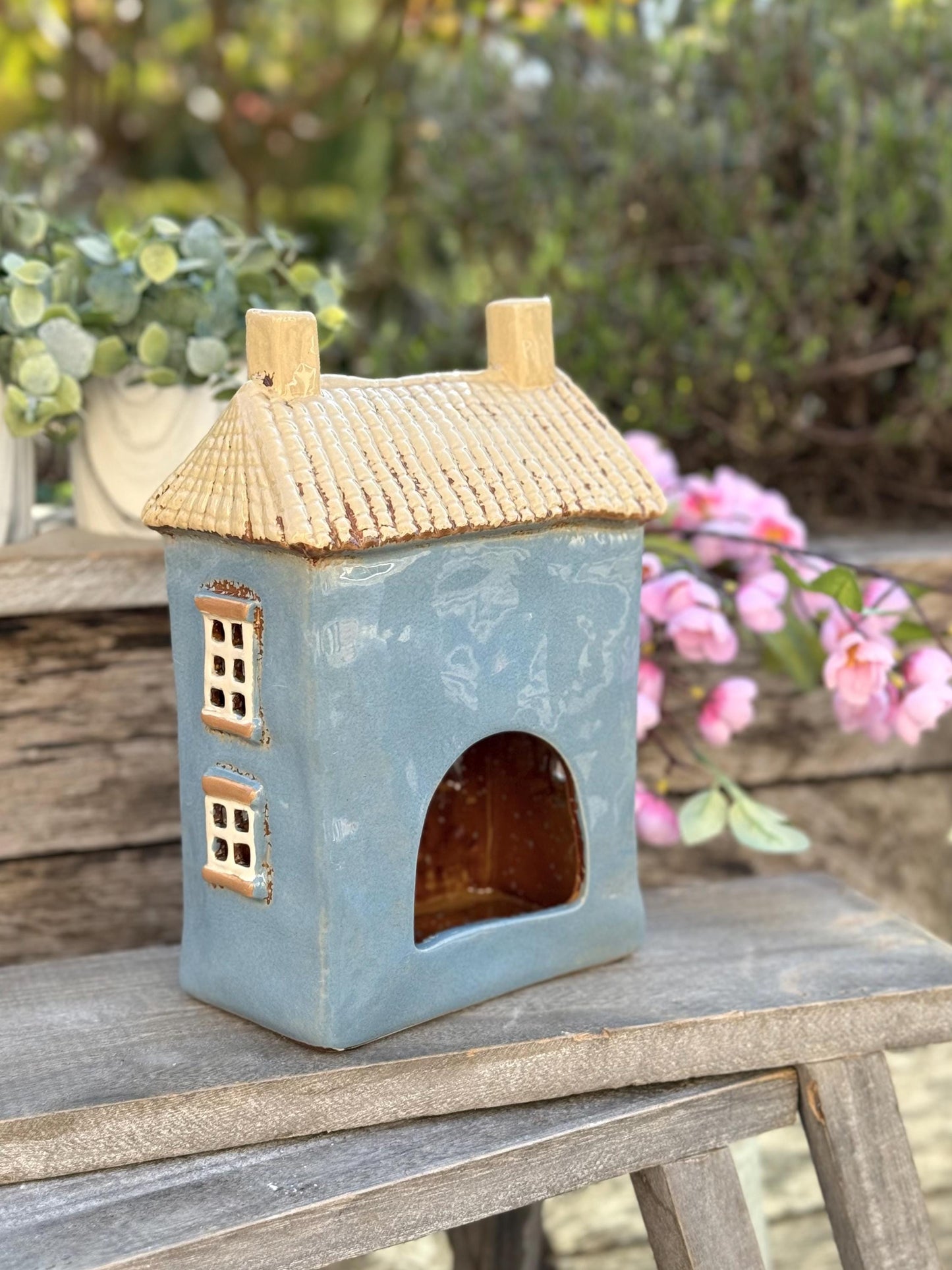 NEW! Tall Blue Townhouse/Country House Ceramic Tealight