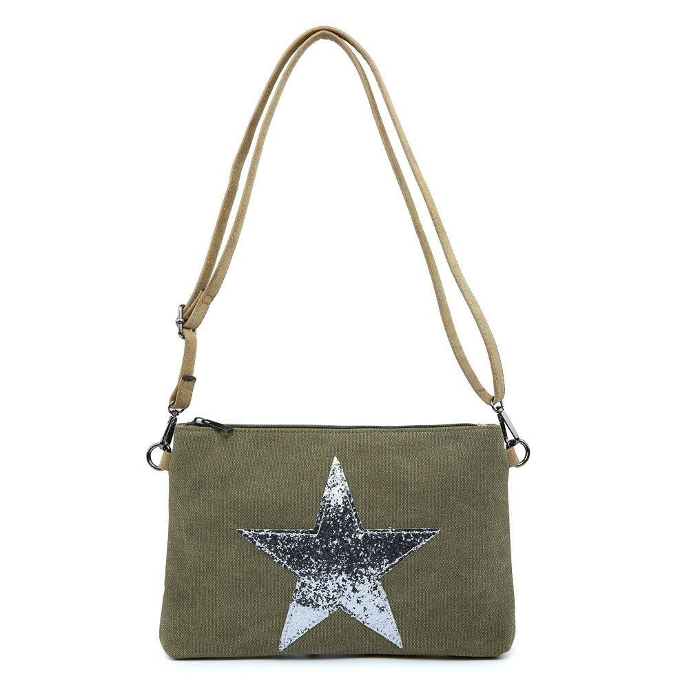 Khaki Green Flat Star Canvas Clutch/Crossbody with Strap