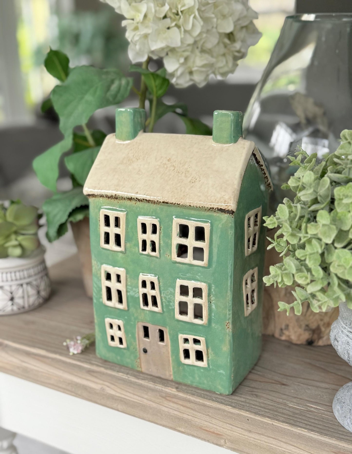 Teal Ceramic House /Cottage Candle Holder