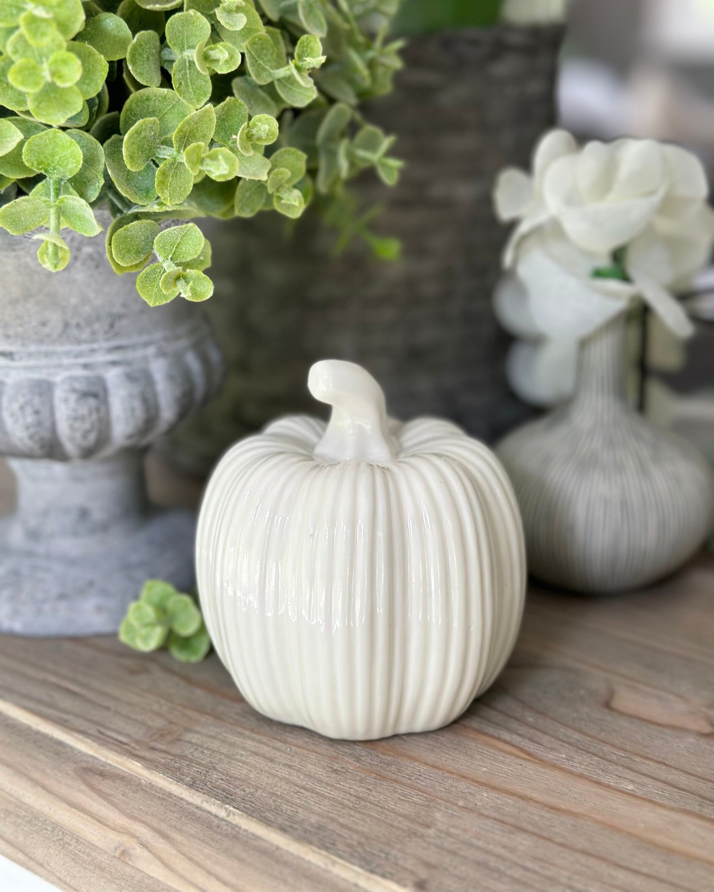 Ribbed White Ceramic Pumpkins - Choice of 2 Sizes