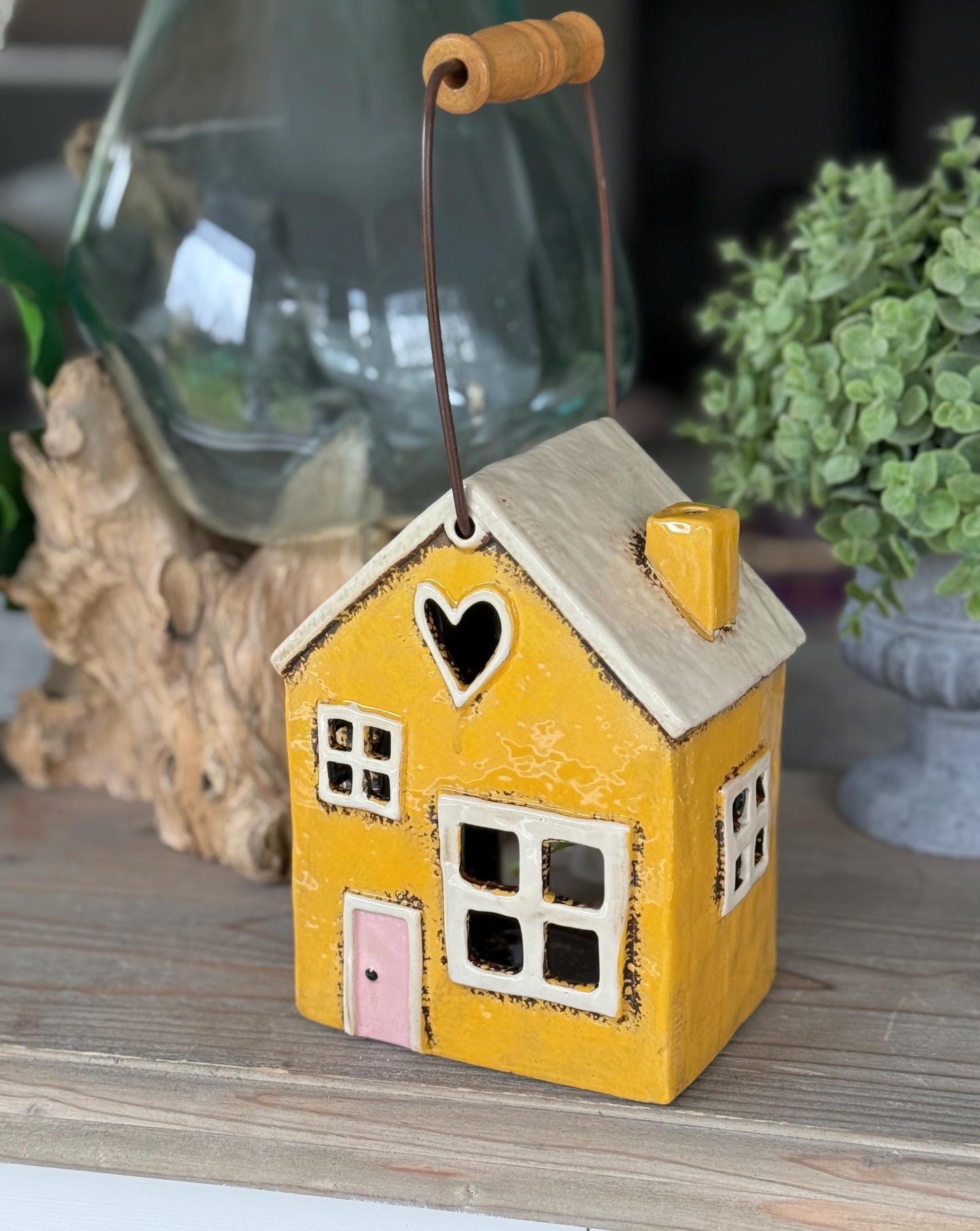 Yellow Ceramic House/Cottage Candle Holder with Handle