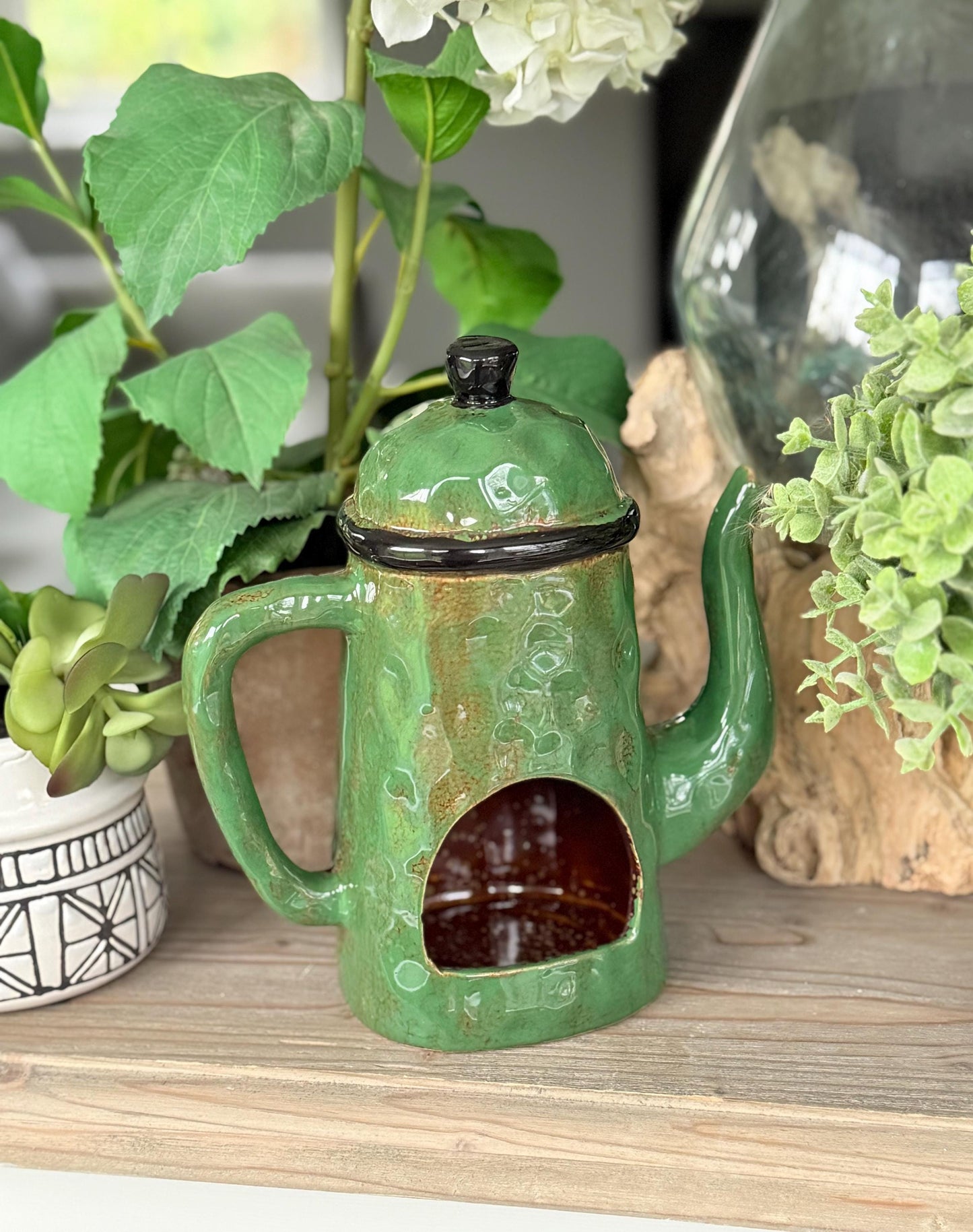 Green Ceramic Teapot Candle Holder