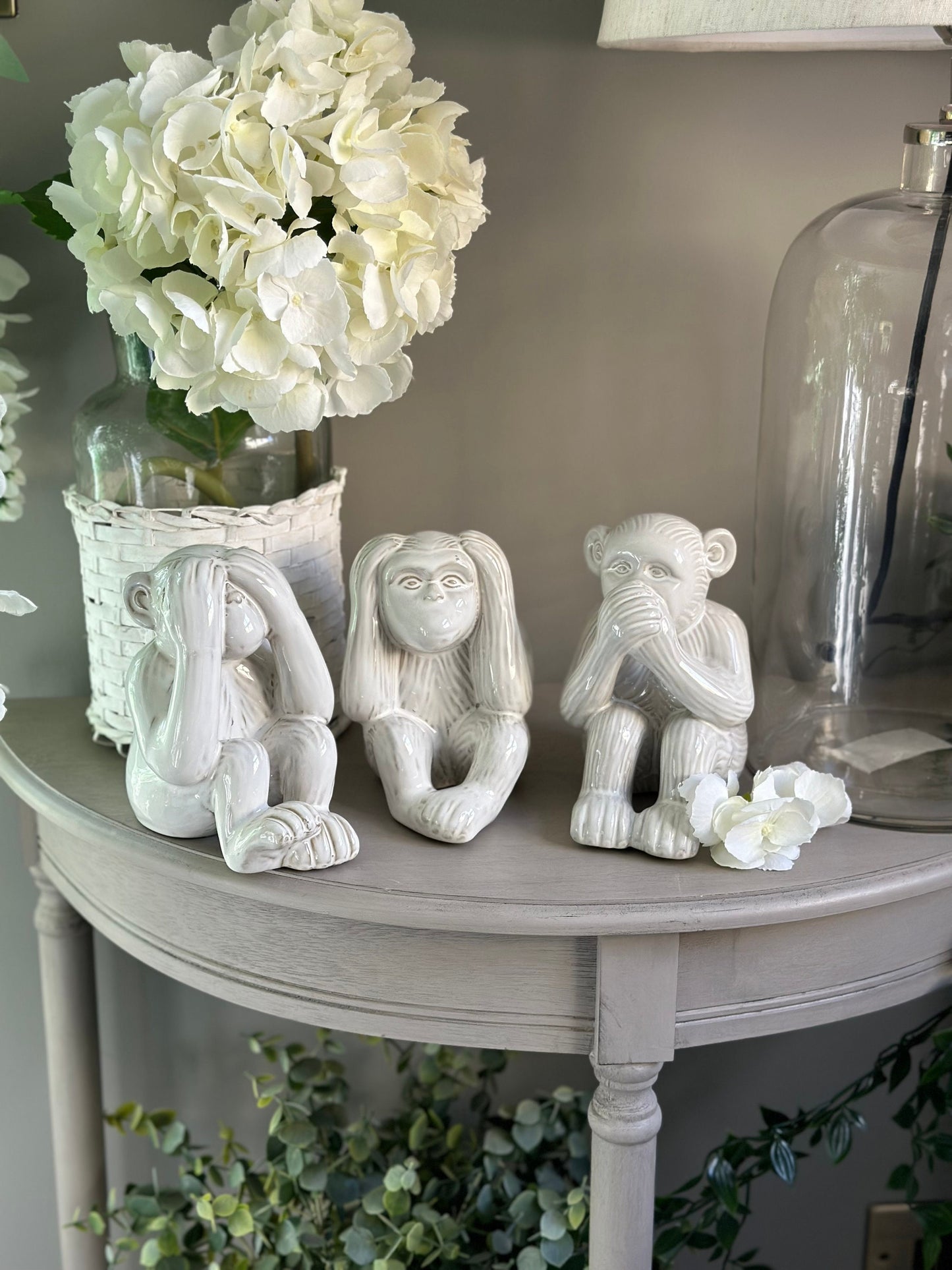 Set of 3 white Ceramic Monkeys:  See No Evil , Hear No Evil, Speak No Evil
