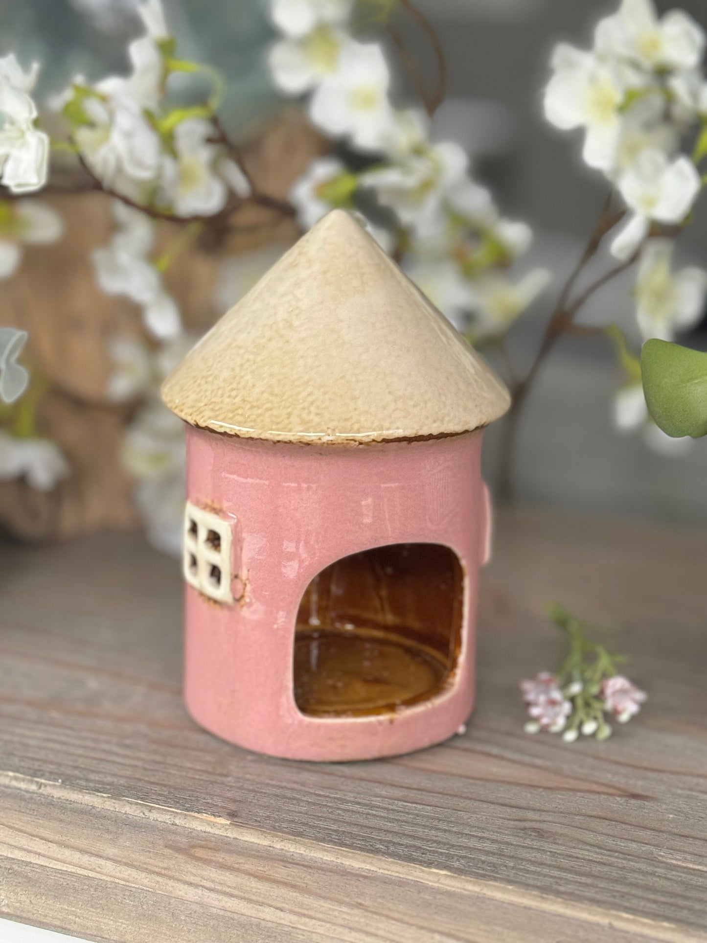 Pink Ceramic Round Village Cottage Candle Holder
