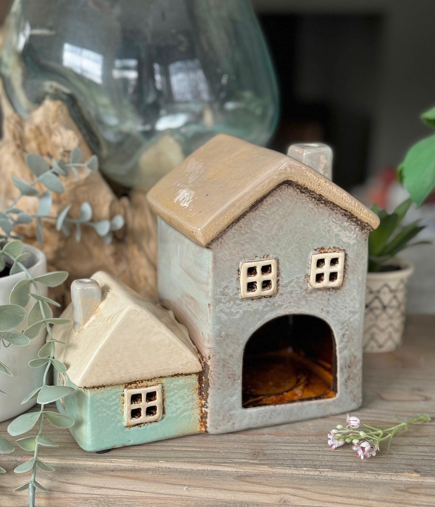 Cottage Pottery Grey/Aqua Two Tealight Houses