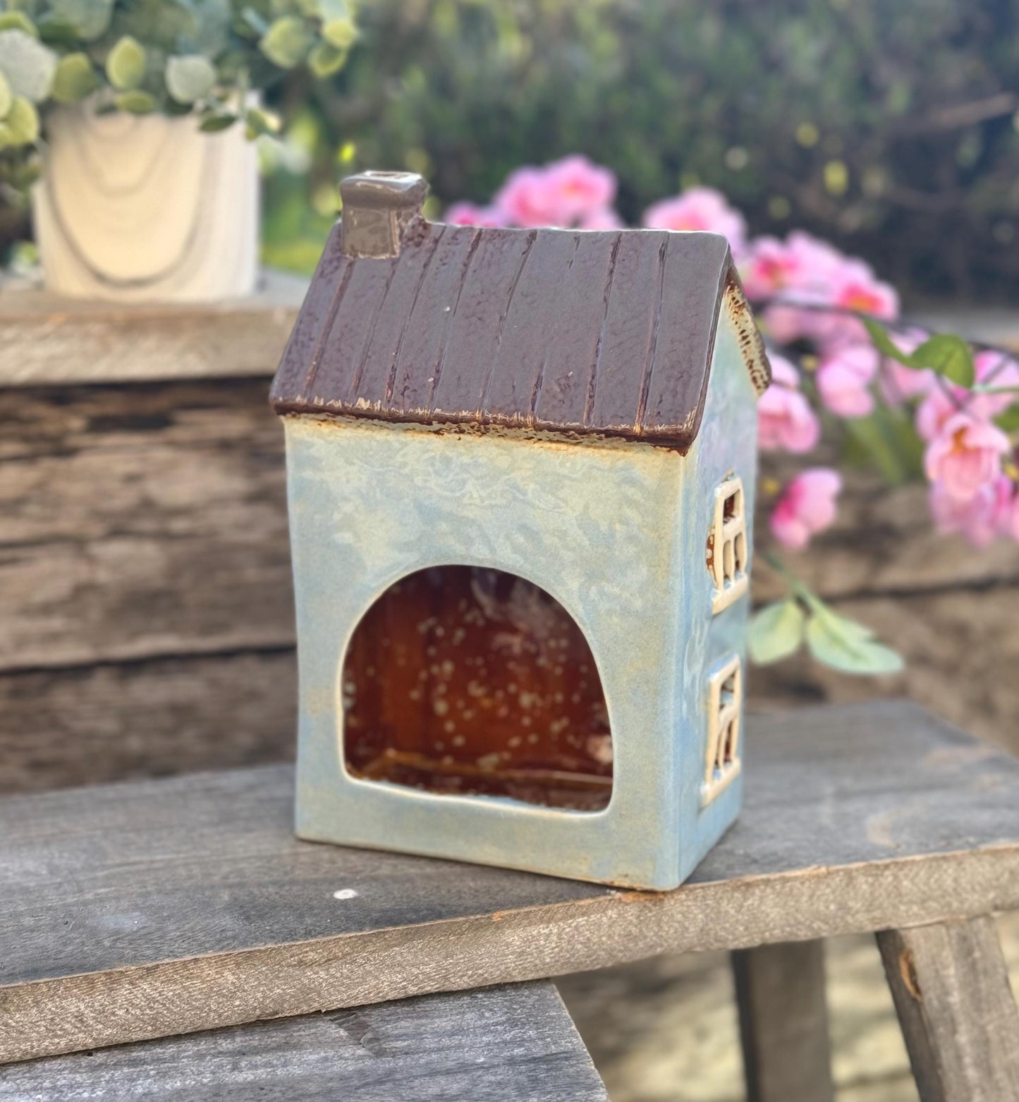 NEW! Blue Townhouse with Bunting Ceramic Tealight