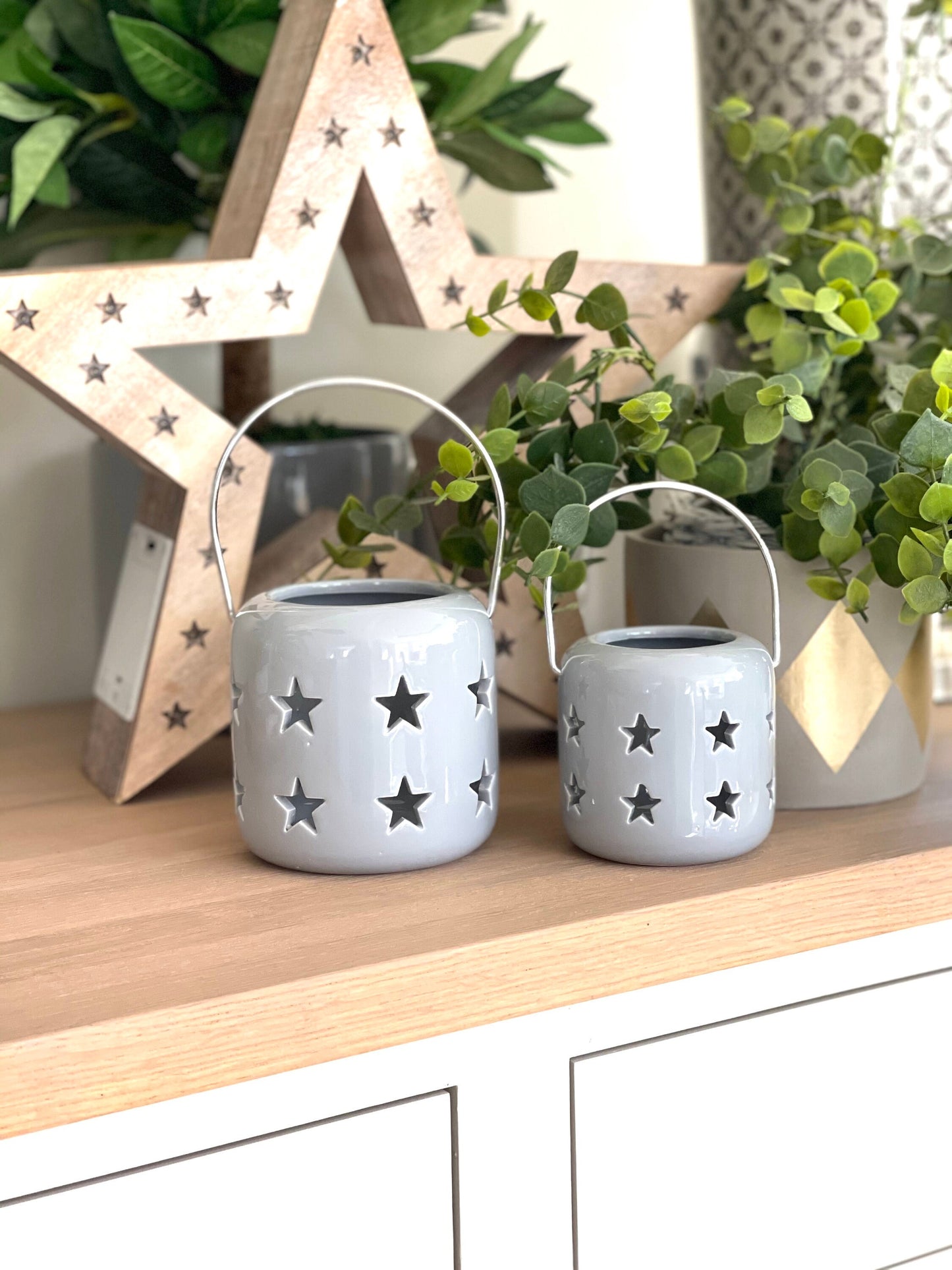 Grey Ceramic Star Cut Lantern - 2 sizes Available