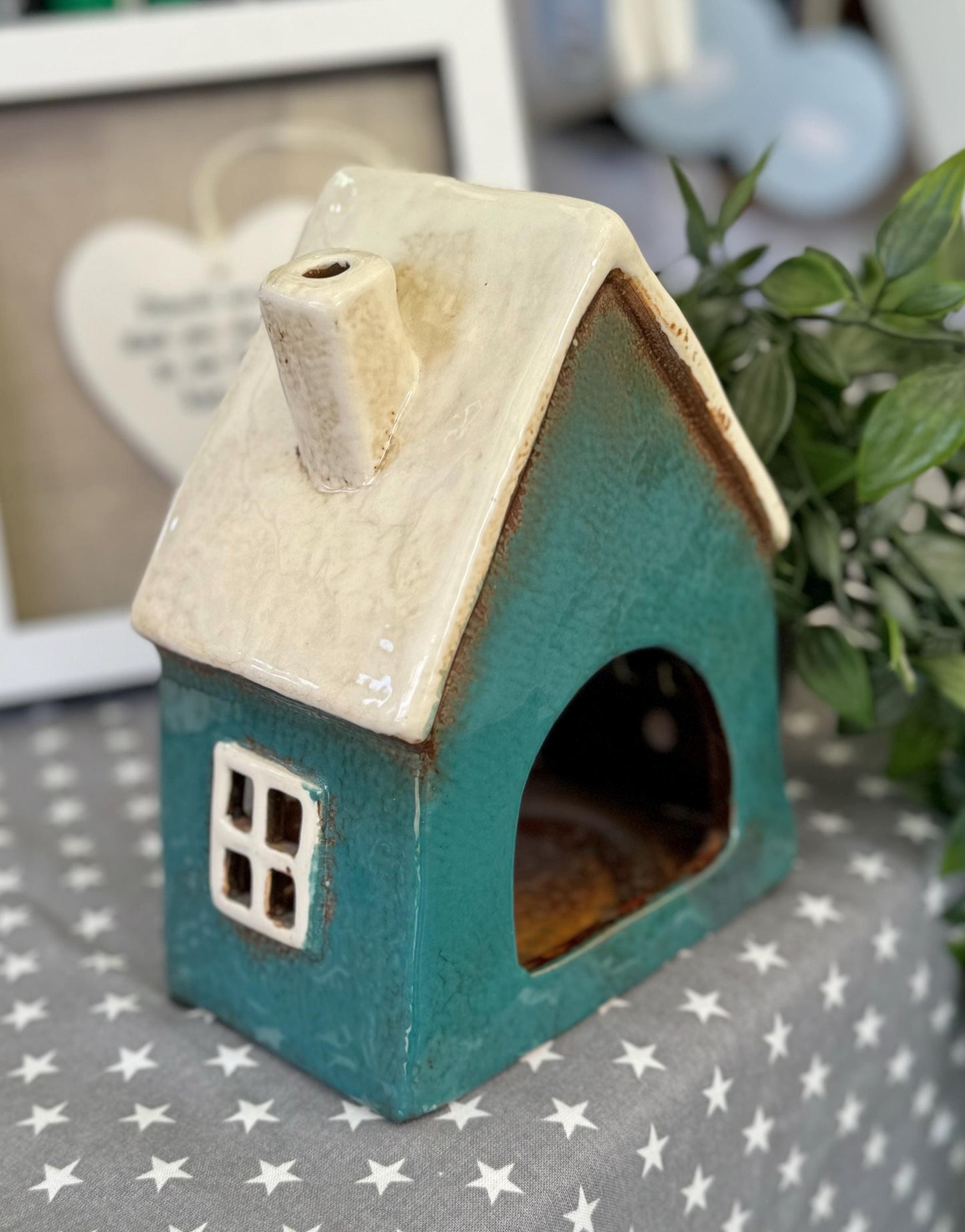 NEW! Teal Ceramic Heart House Tealight Holder