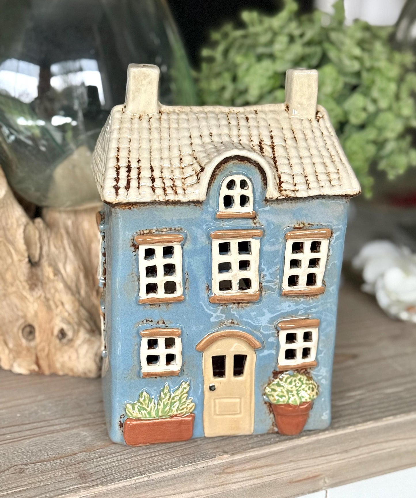 NEW! Blue Garden Ceramic Tealight House