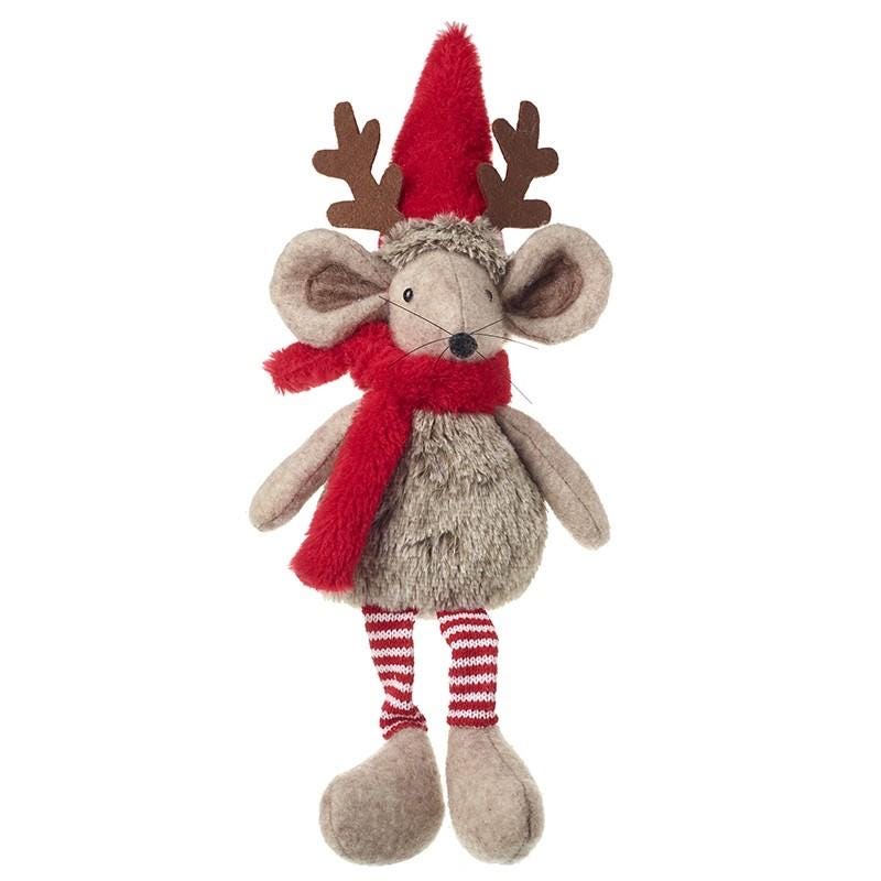 Super Soft Festive Sitting Mouse with Red Antler Hat