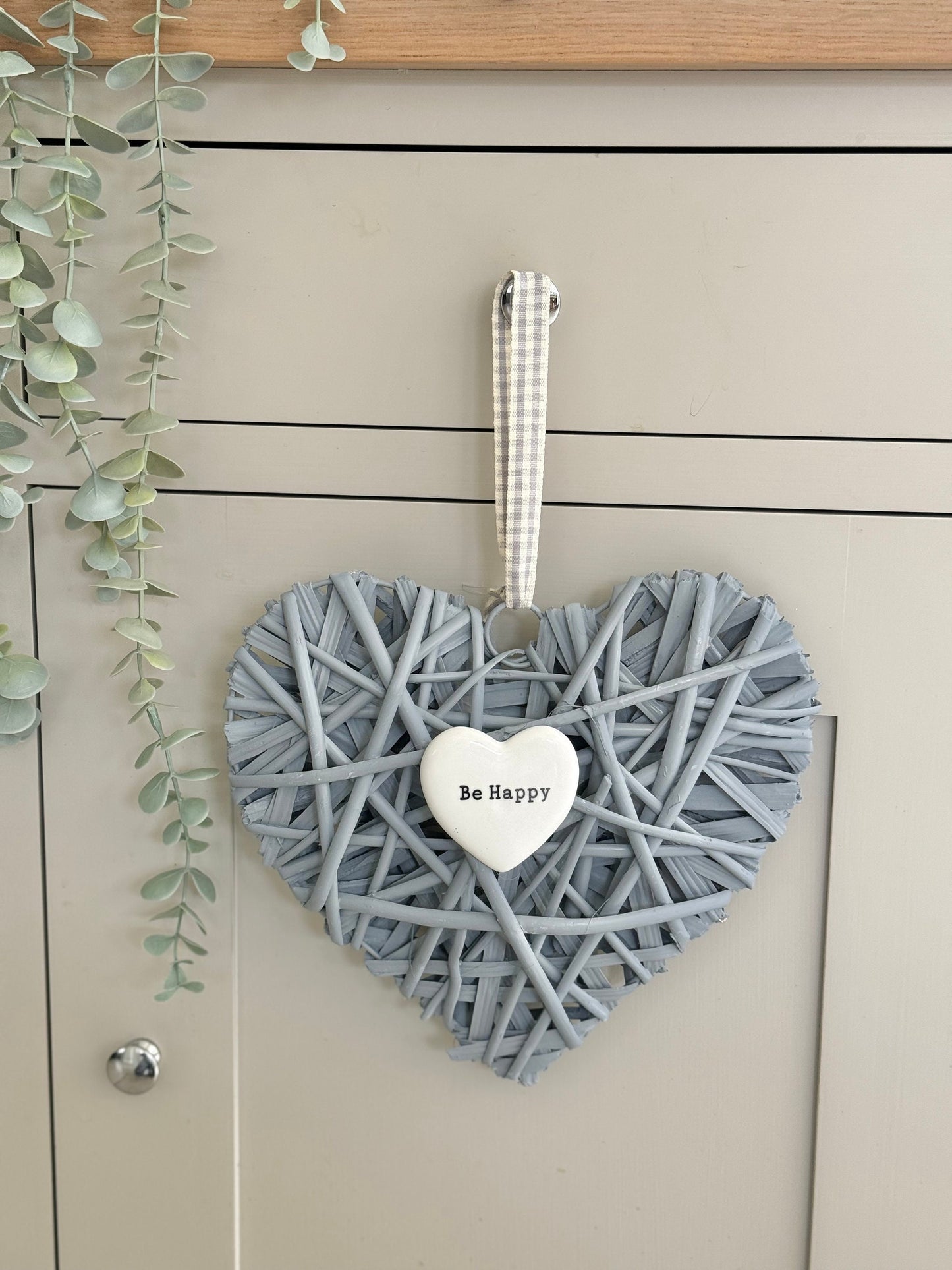 Be Happy Grey Wicker Heart Hanger