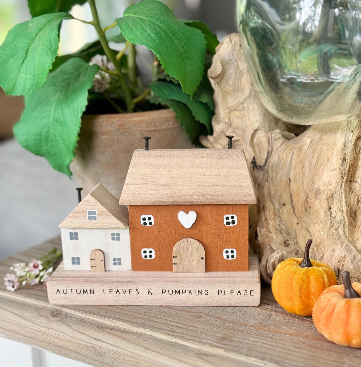 Autumn Leaves and Pumpkins Please Wooden House Scene