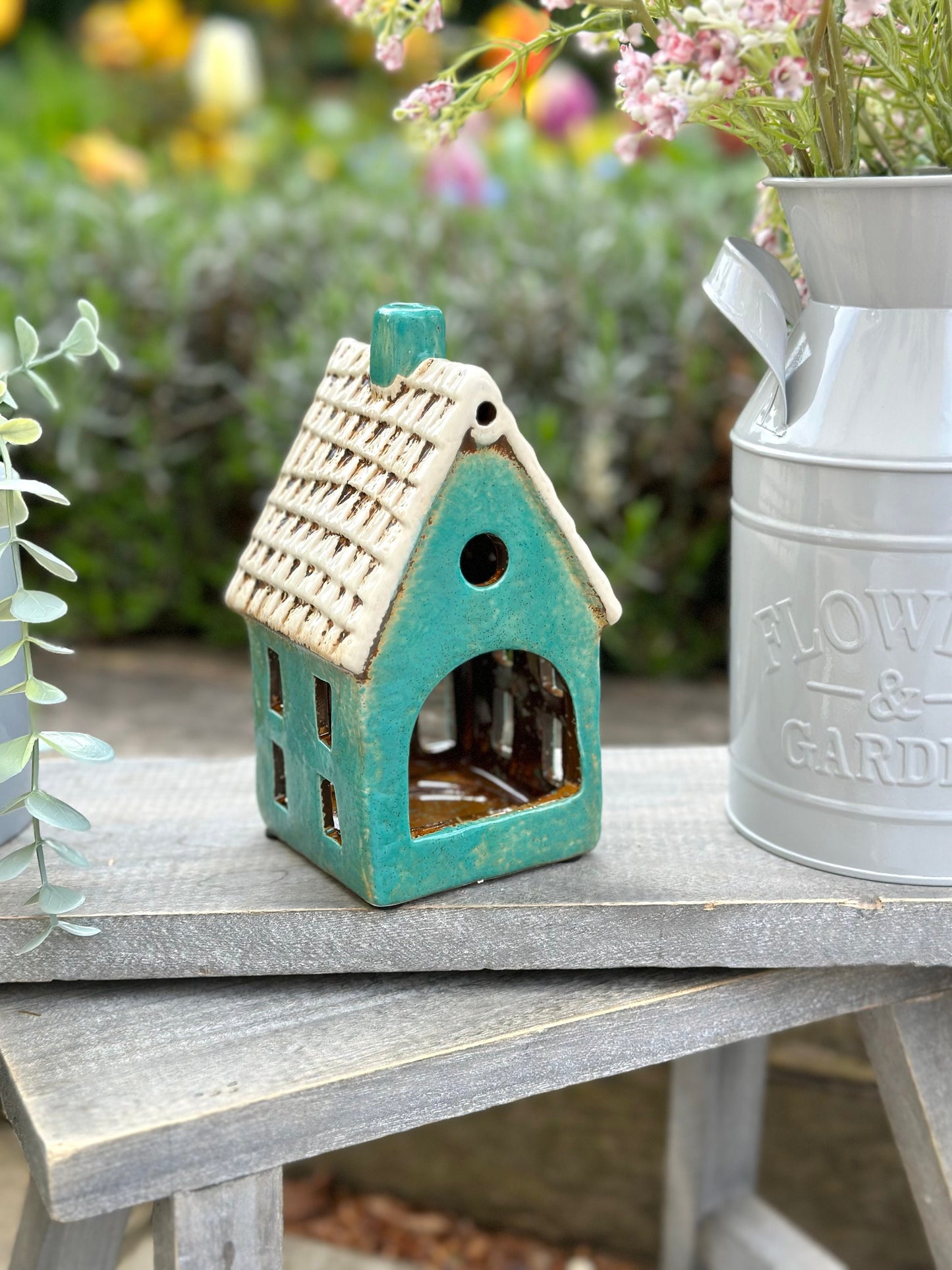 Turquoise Ceramic Townhouse/Cottage Candle Holder