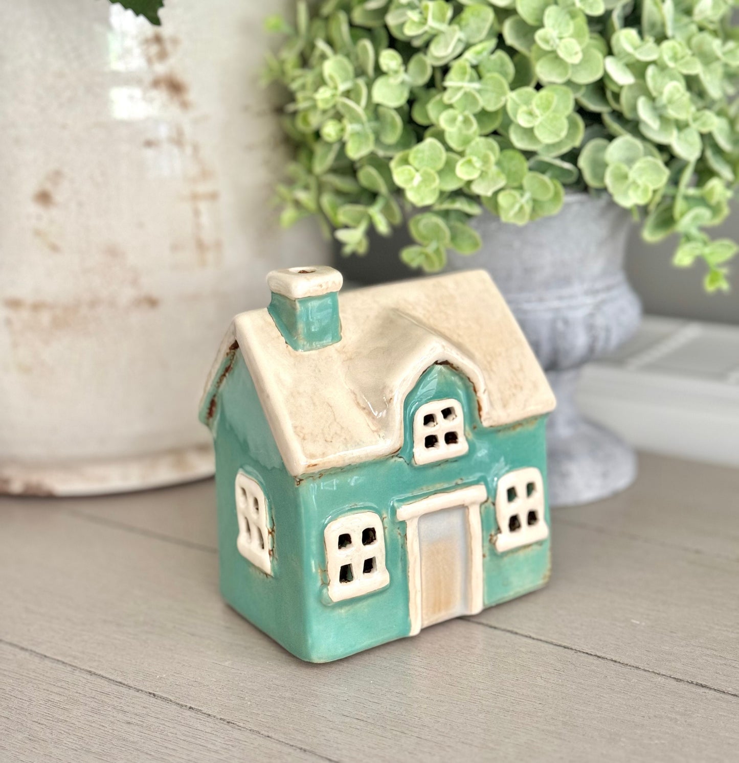 Teal Country Garden House Candle Holder