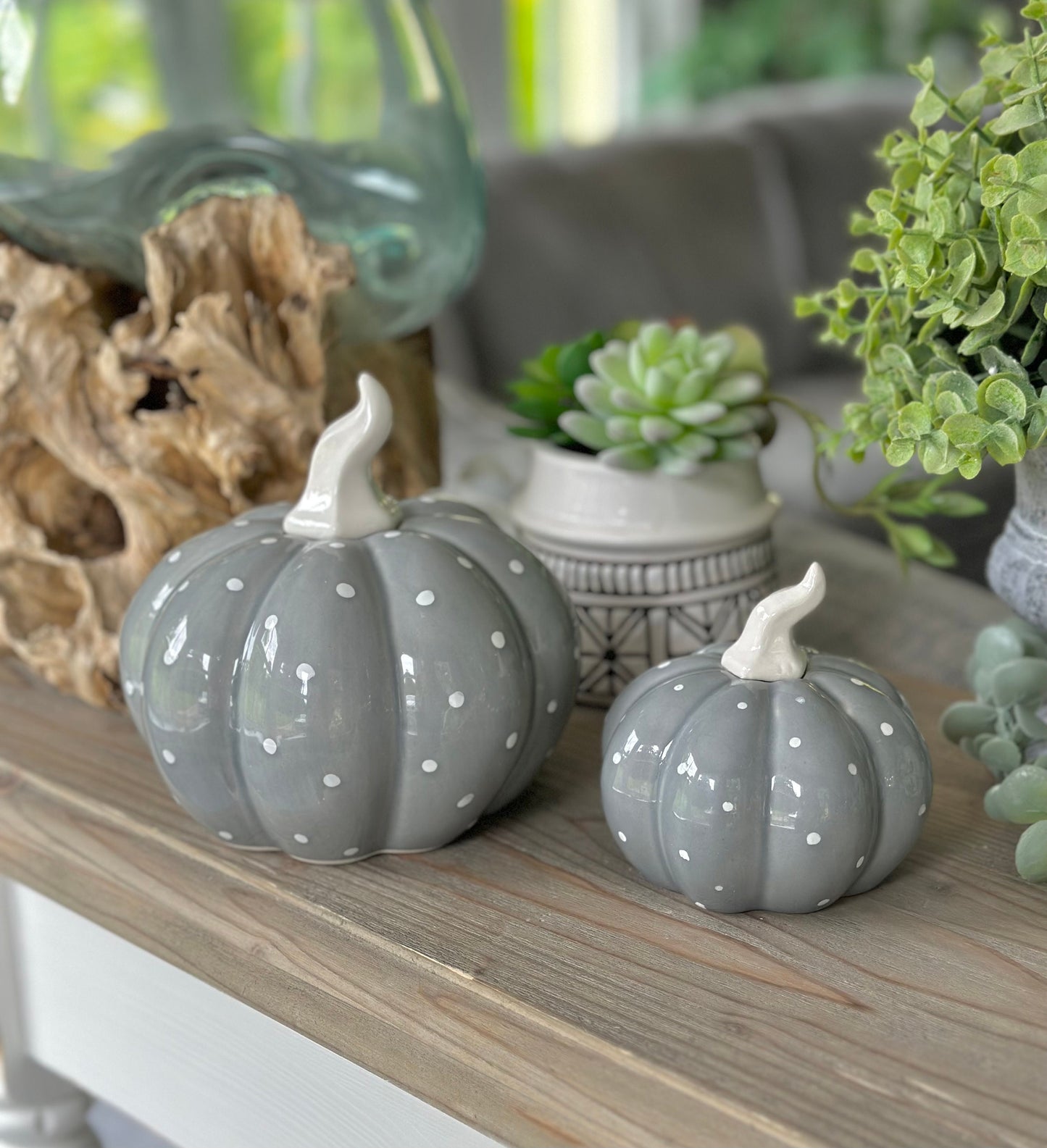 Grey and White Glossy Ceramic Pumpkin Set of 2