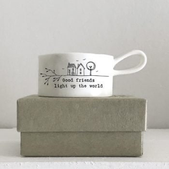 Handled "Good Friends" Porcelain Tea Light Holder
