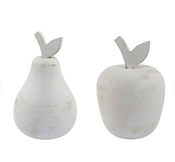White Hand Carved Wooden Apple and Pear