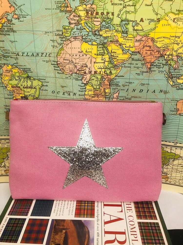 Pink Flat Star Canvas Clutch with Strap