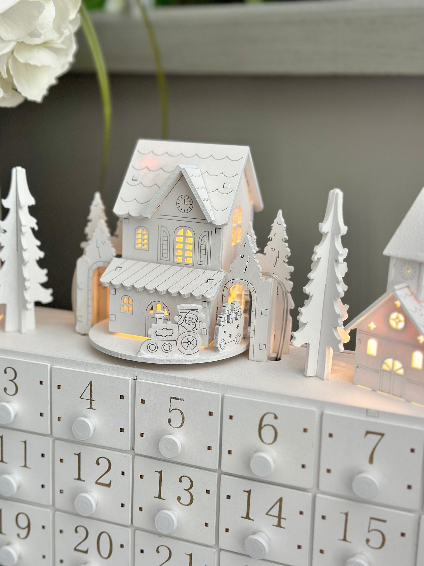 White Wooden Advent Block With Moving Train And Lights