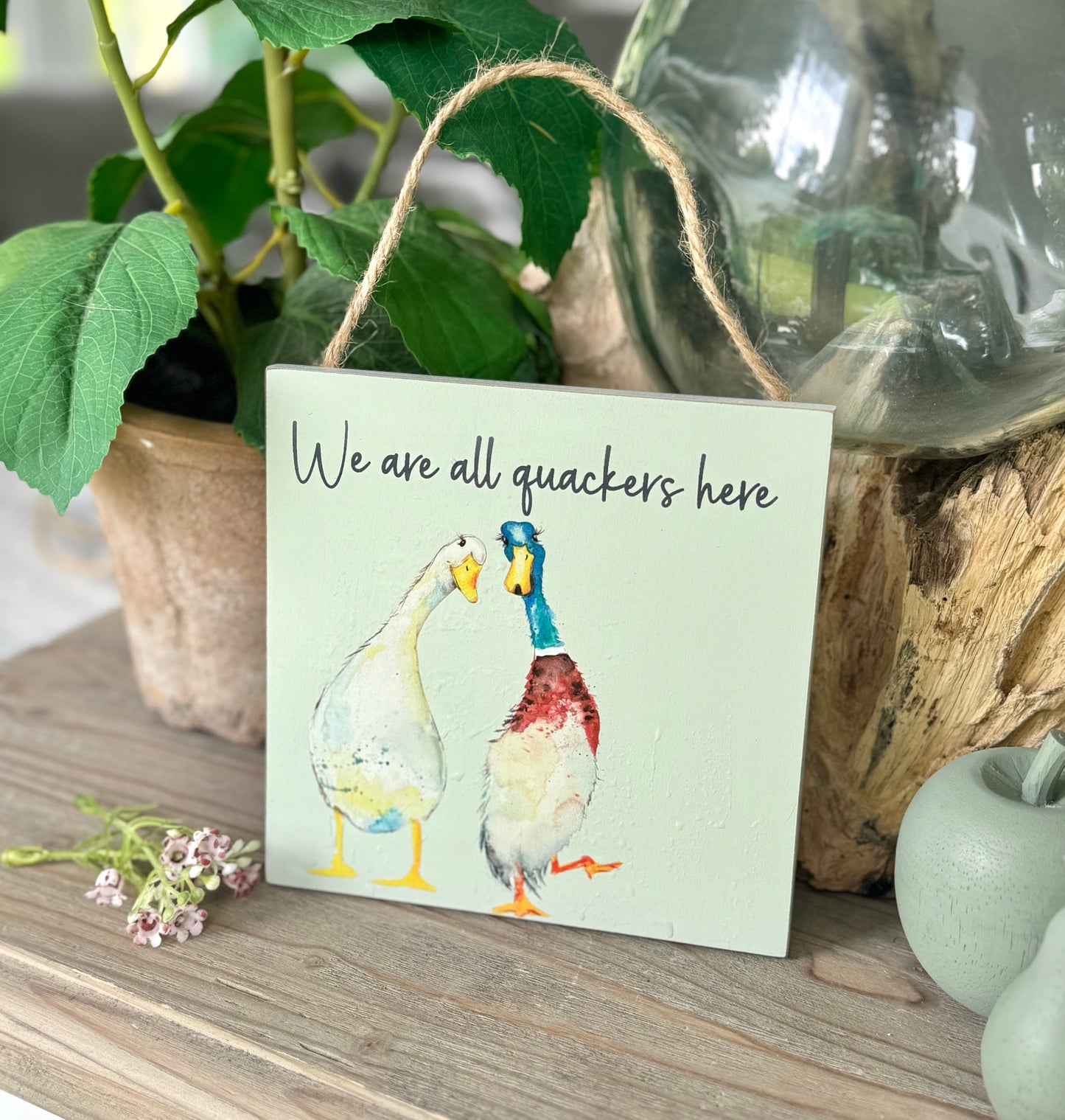 Duck Wooden Hanging Sign "We are all quackers here"