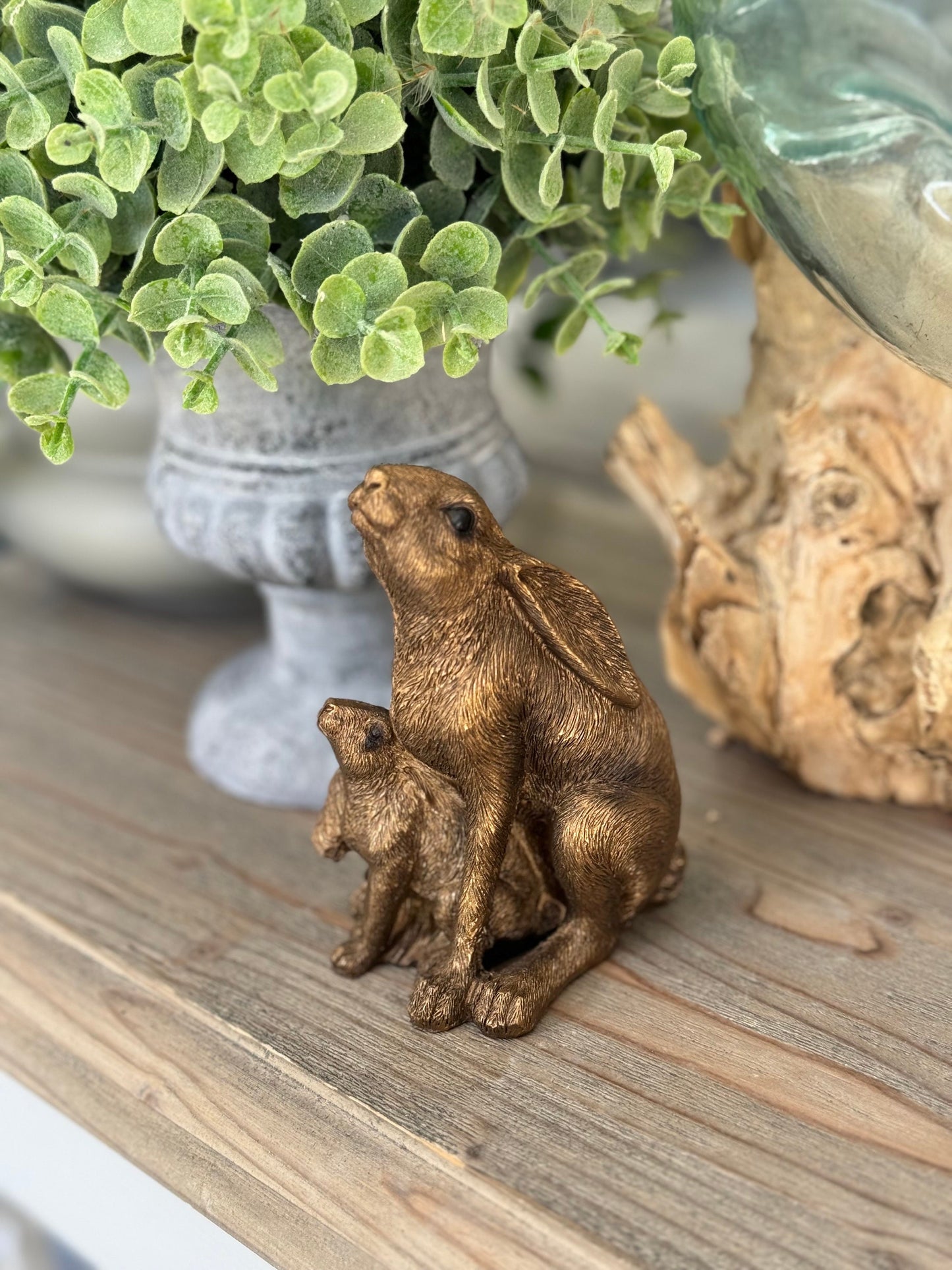 Bronzed Ornamental Sitting Hare & Baby