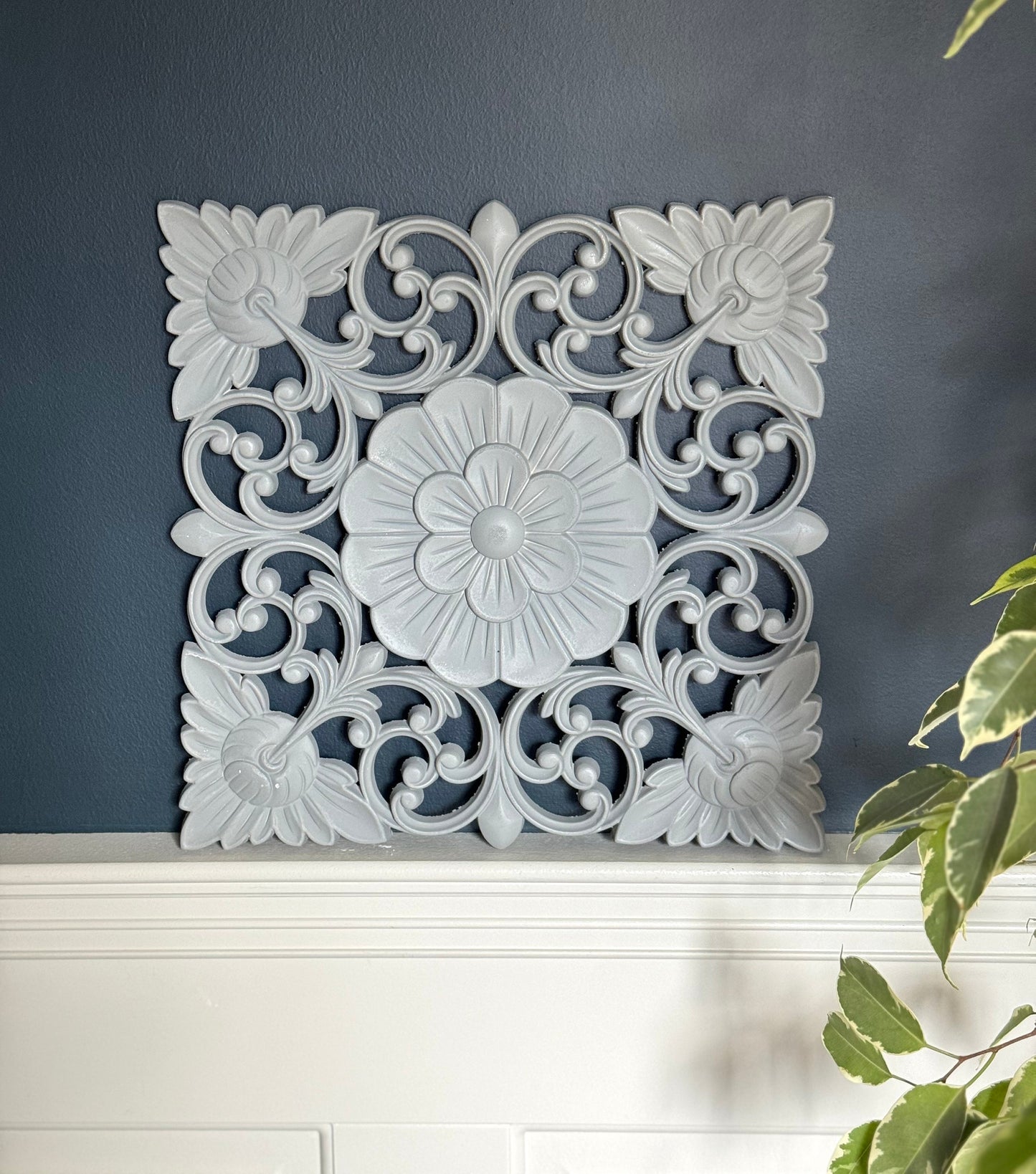 Floral Grey Painted Carved Square