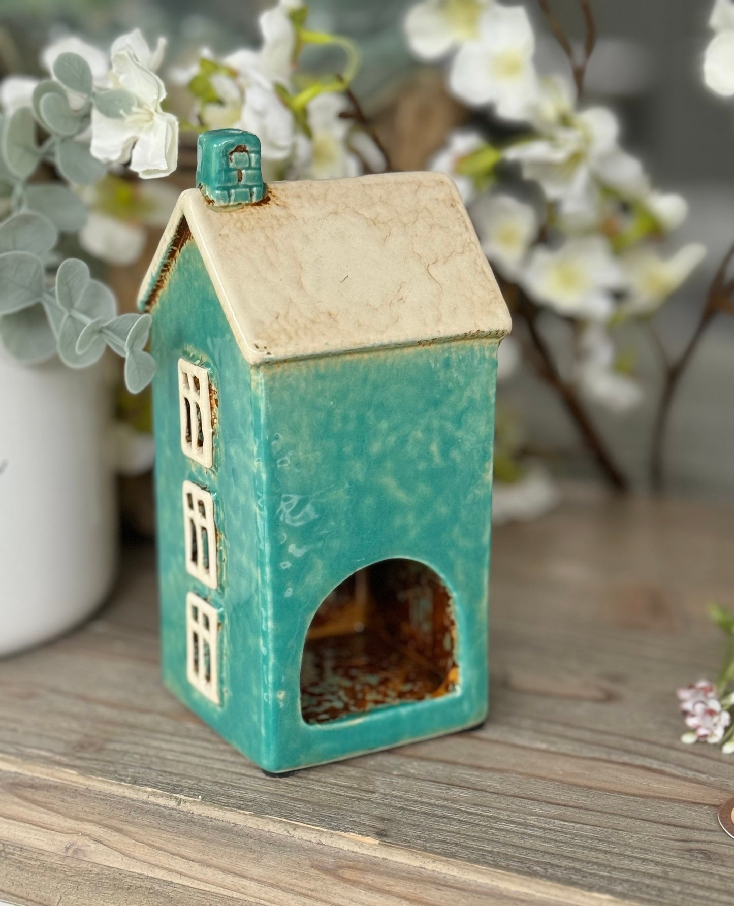 Teal Ceramic Townhouse Candle Holder