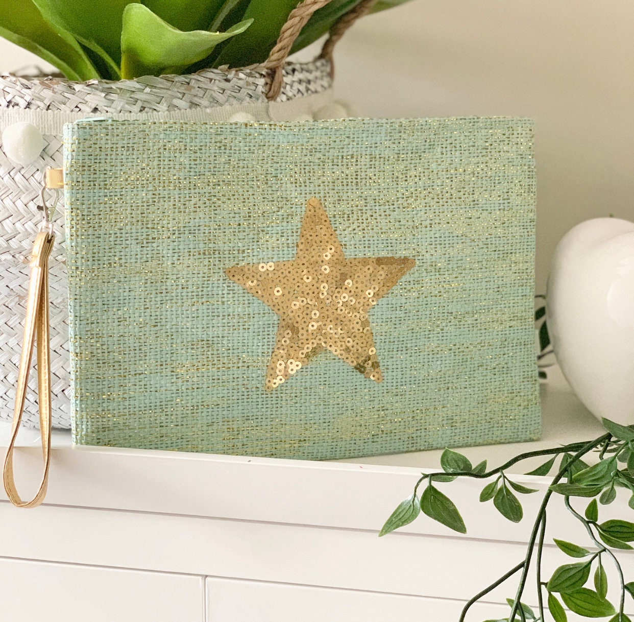 Teal Sequin Star Clutch/Cosmetic Bag.