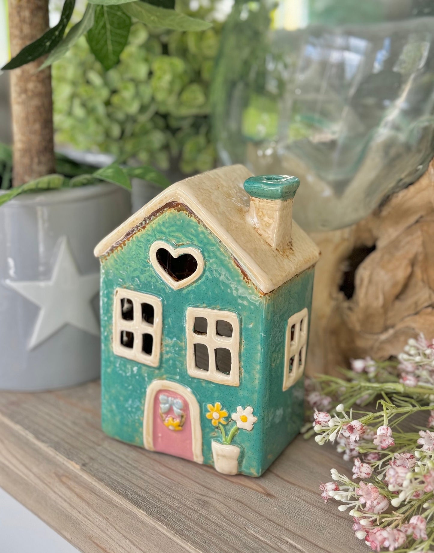 Teal Ceramic Heart Cottage Candle Holder