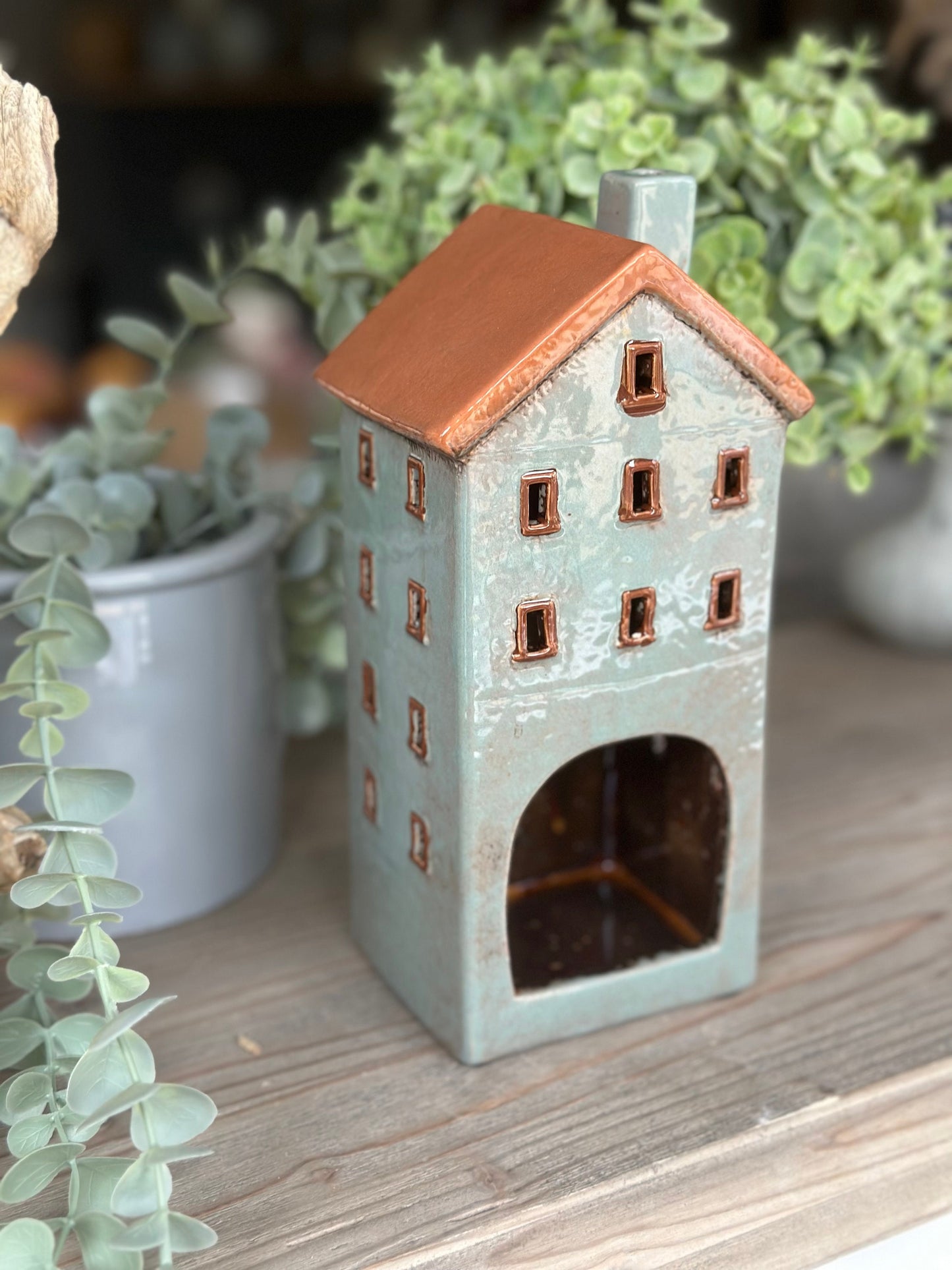 Grey/Blue Ceramic House /Cottage Candle Holder