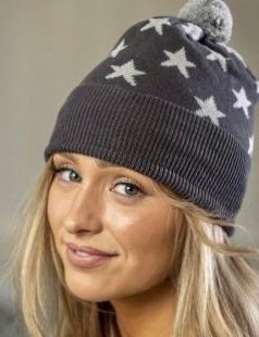 Dark Grey Cotton Star Bobble Hat