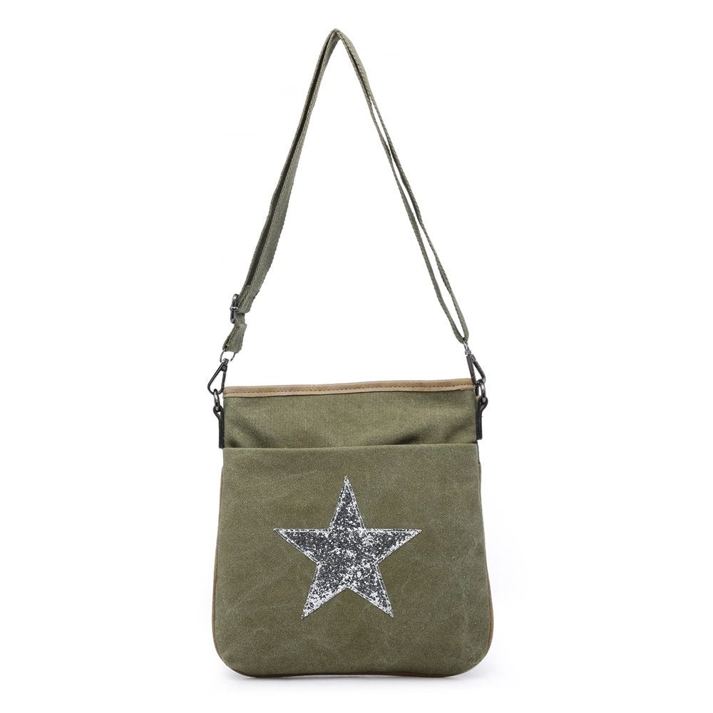 Flat Star Cross Body Messenger Bag - Khaki Green