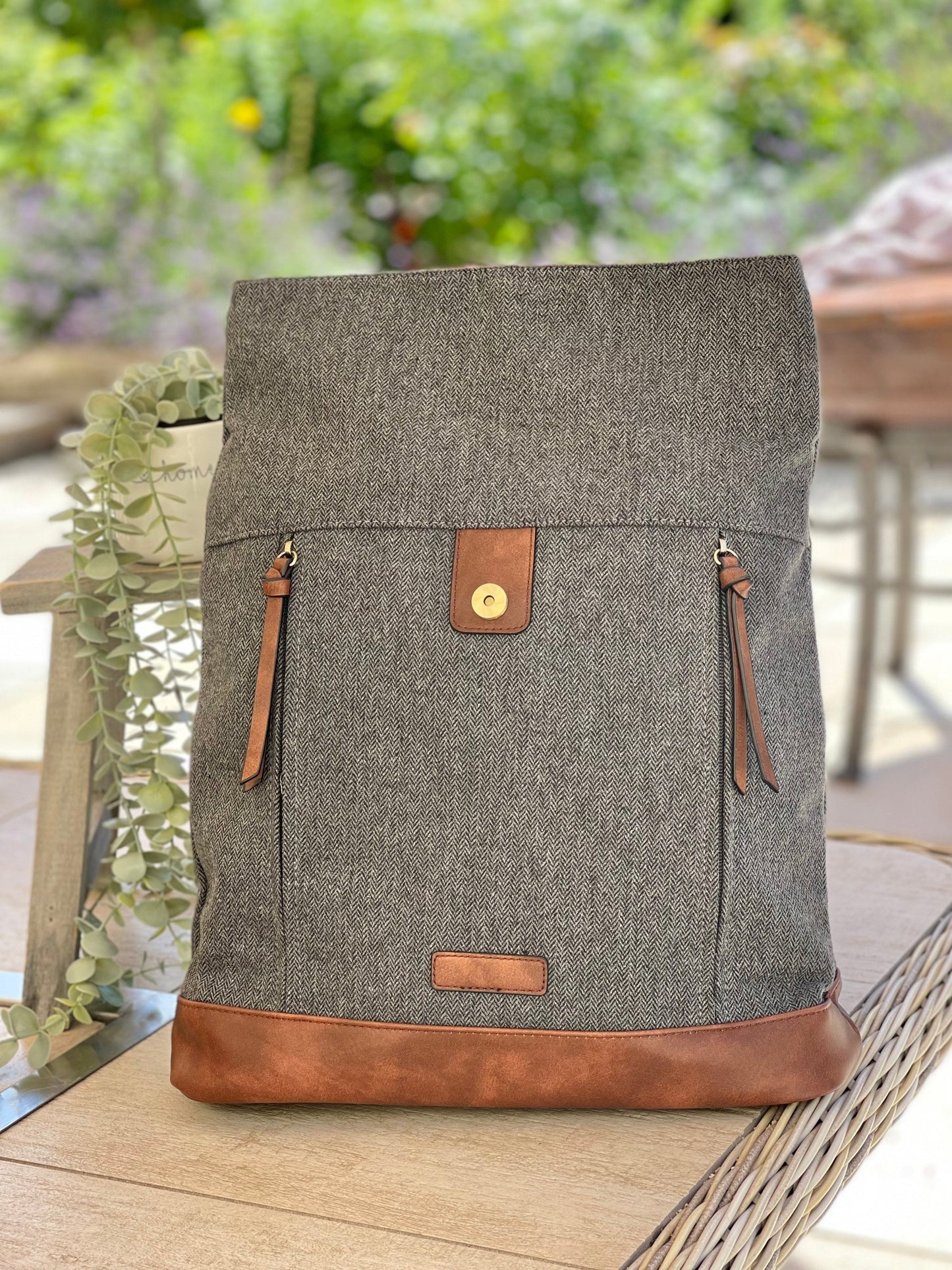 Grey Herringbone Rucksack/Backpack