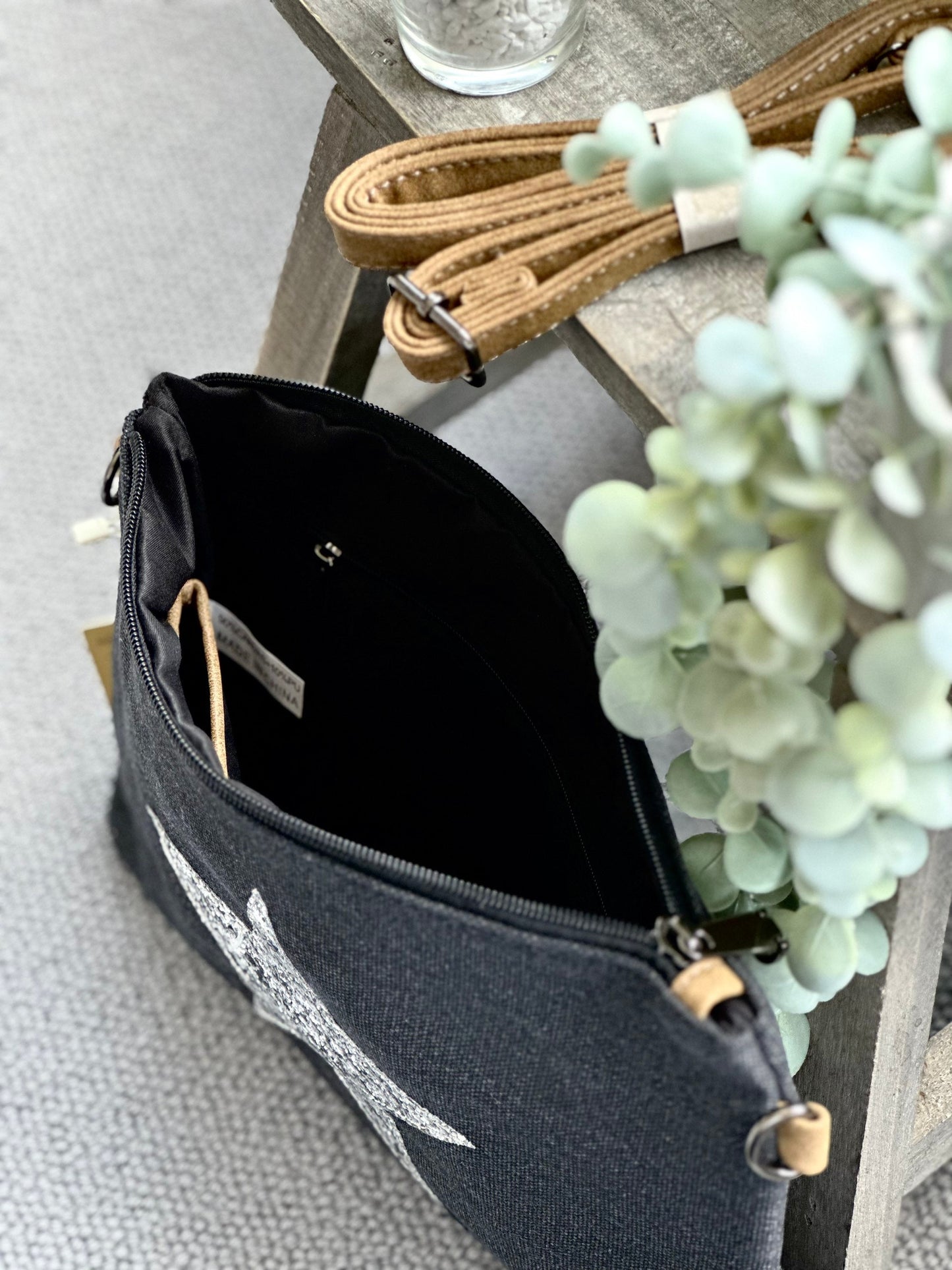 Black Flat Star Canvas Clutch/Crossbody with Strap