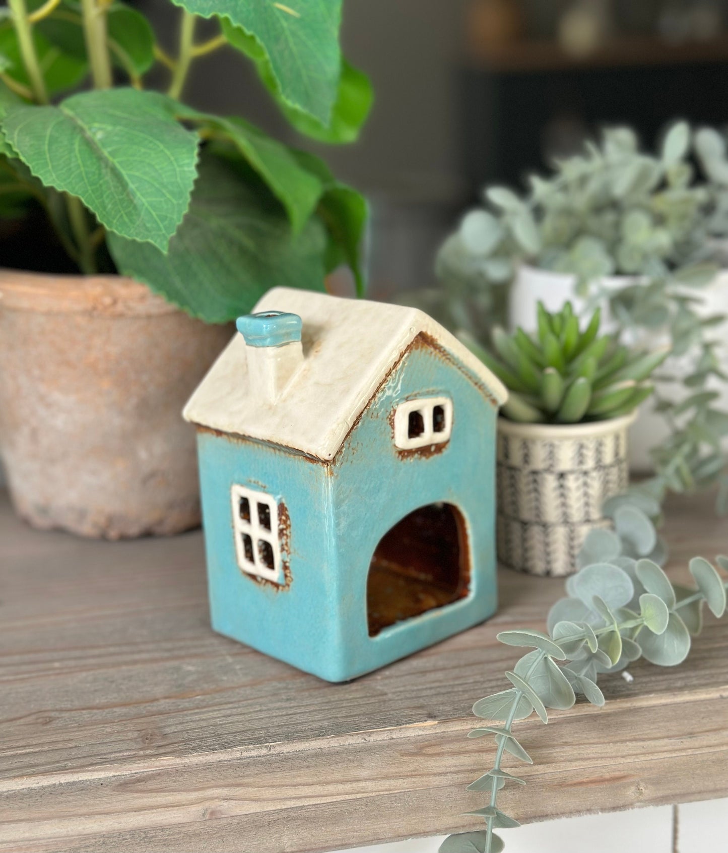 Glazed Ceramic Aqua Town Heart House Tea light