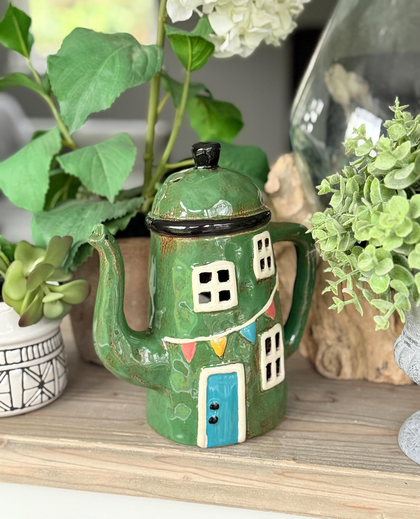 Green Ceramic Teapot Candle Holder
