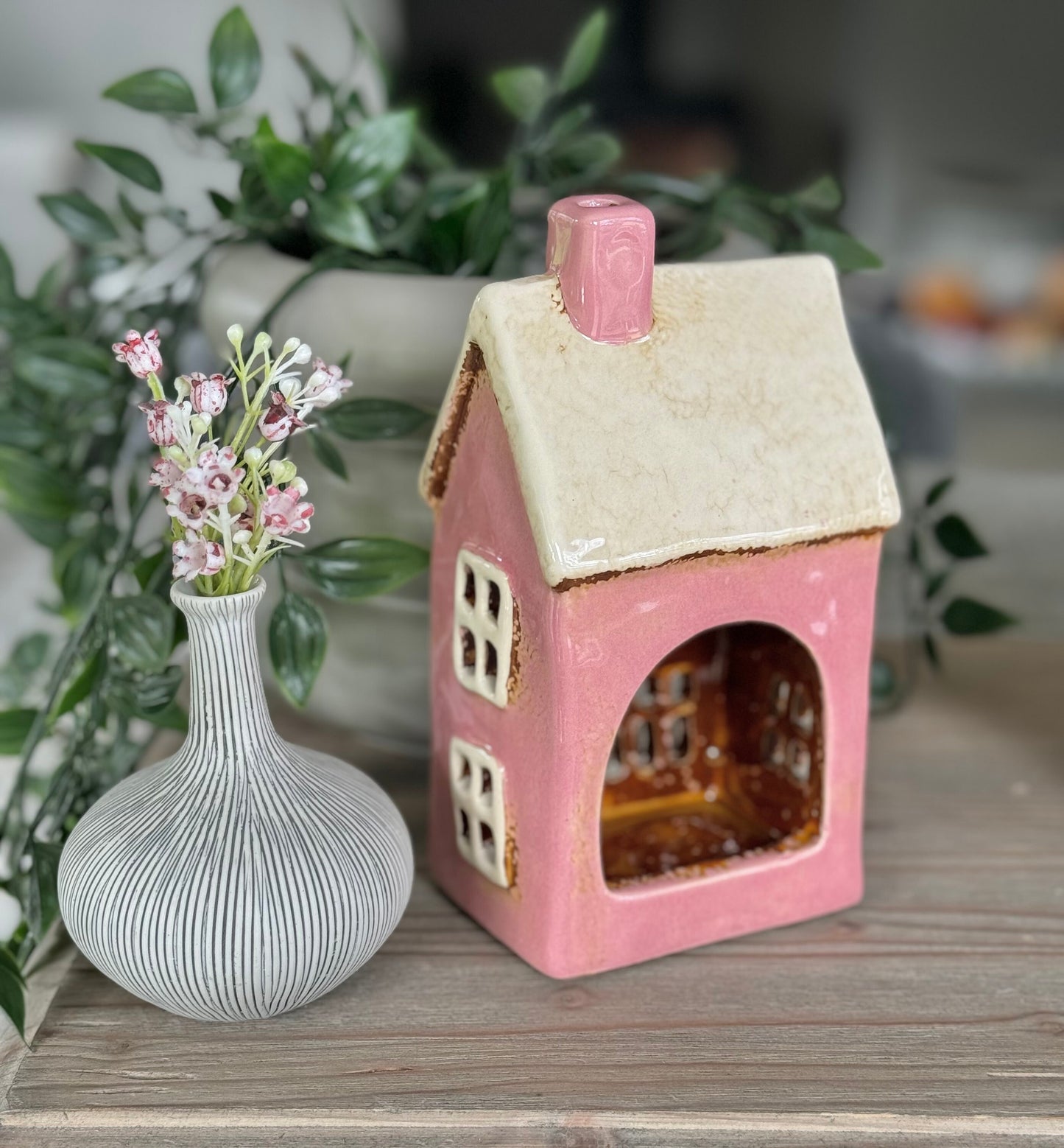 Pink Traditional Village House Candle Holder