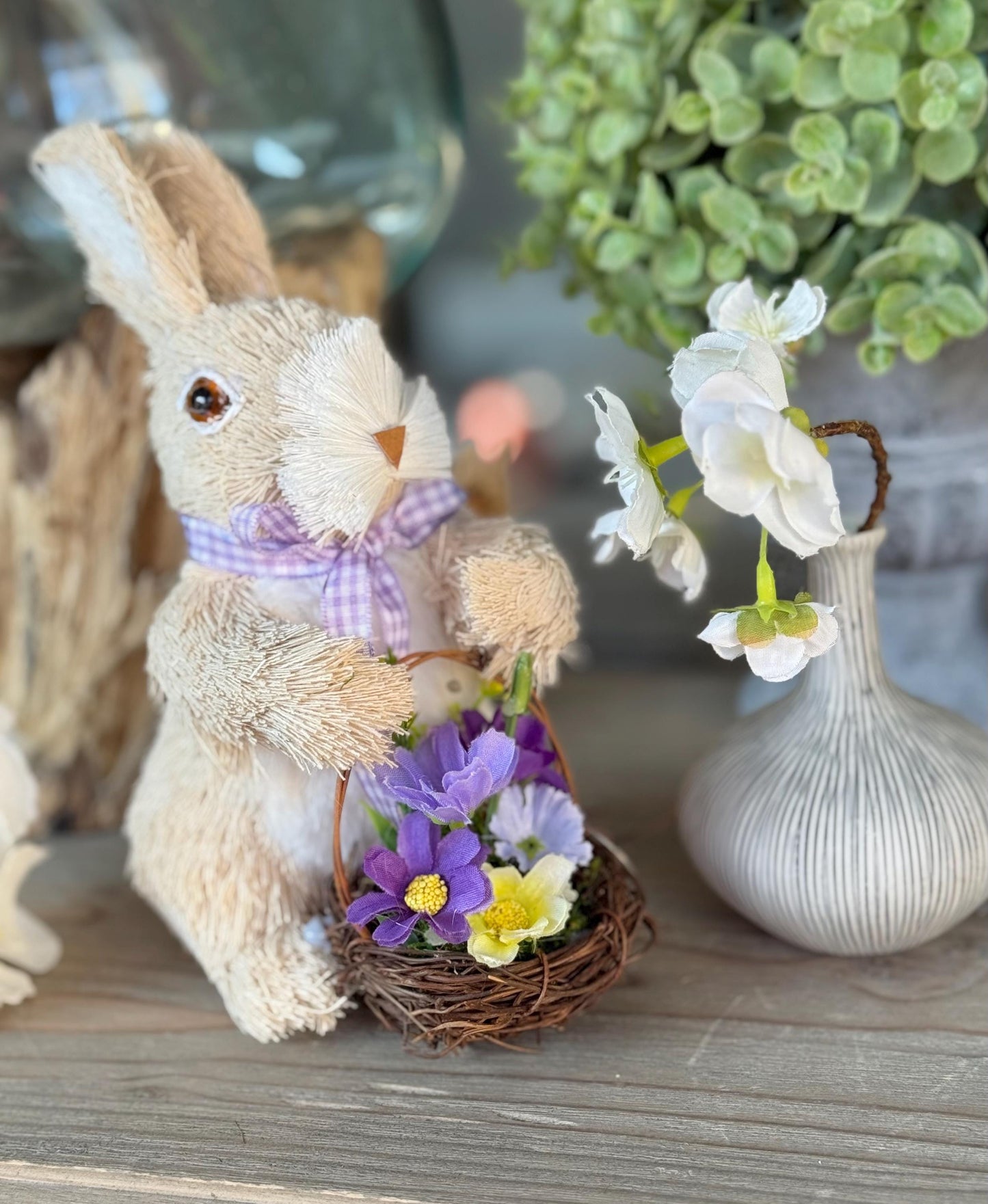 Bristle Bunny with Ribbon and Wicker Basket