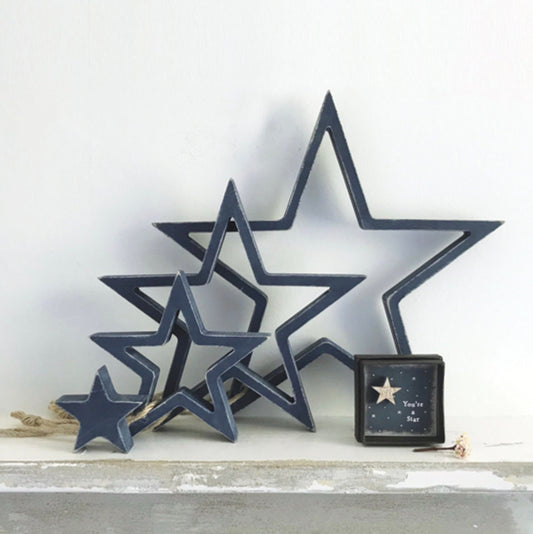 Set of 4 Blue Wooden Stars.