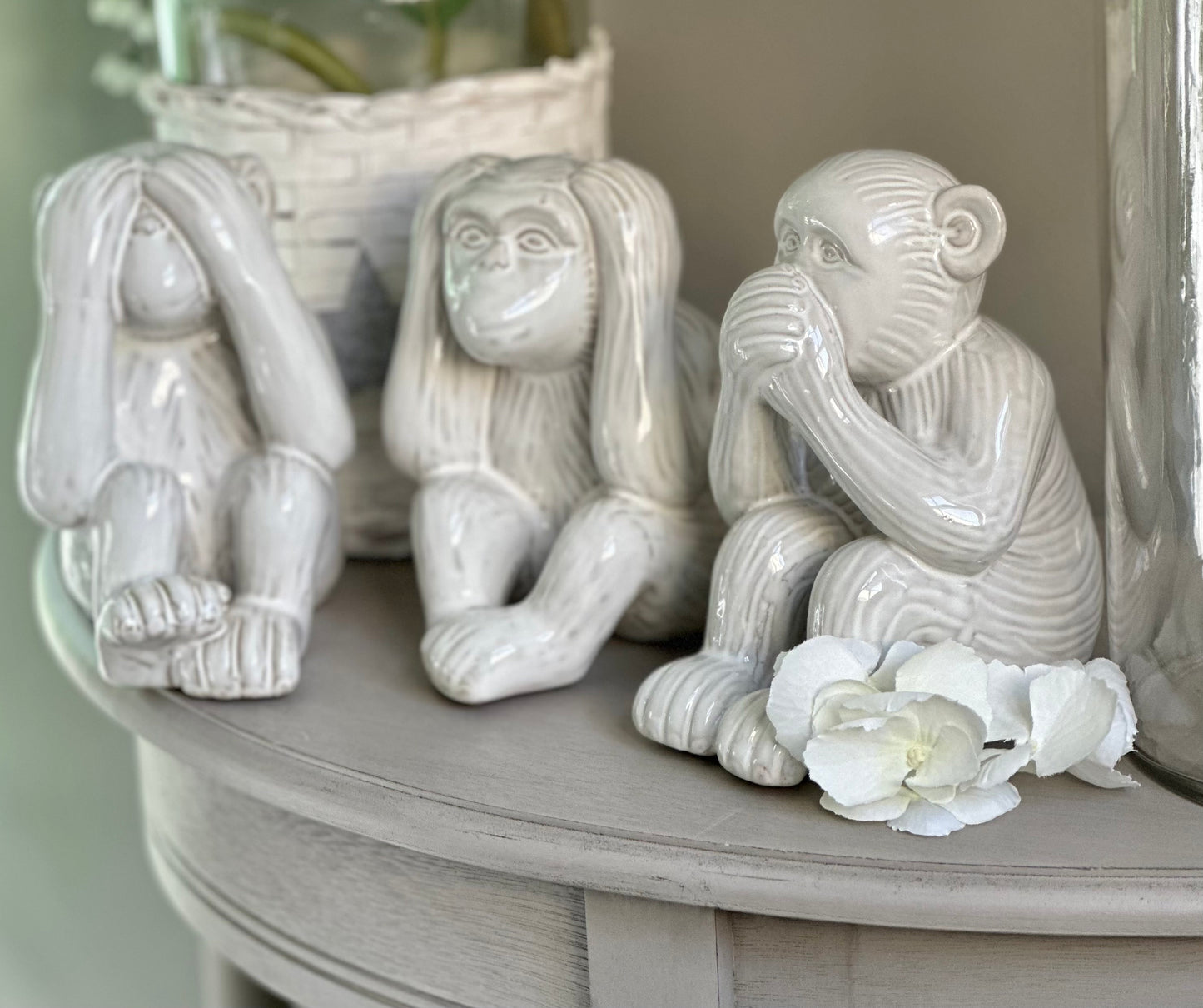 Set of 3 white Ceramic Monkeys:  See No Evil , Hear No Evil, Speak No Evil
