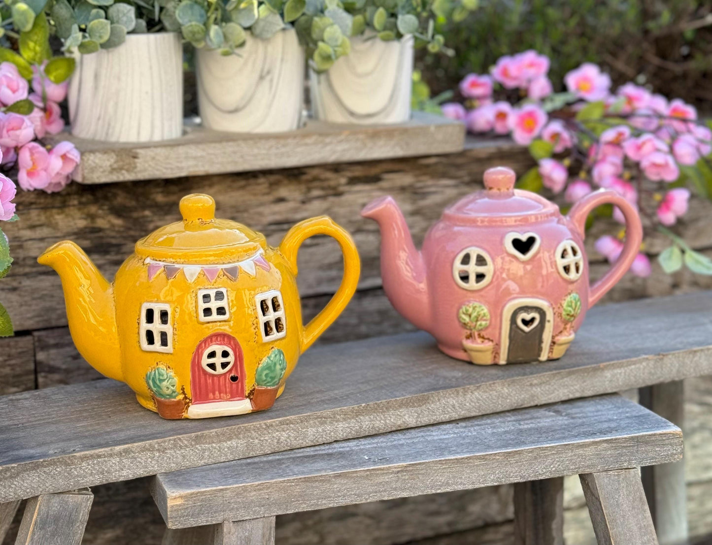 Ceramic Teapot House Tealight/Candle Holder - Yellow and Pink Available