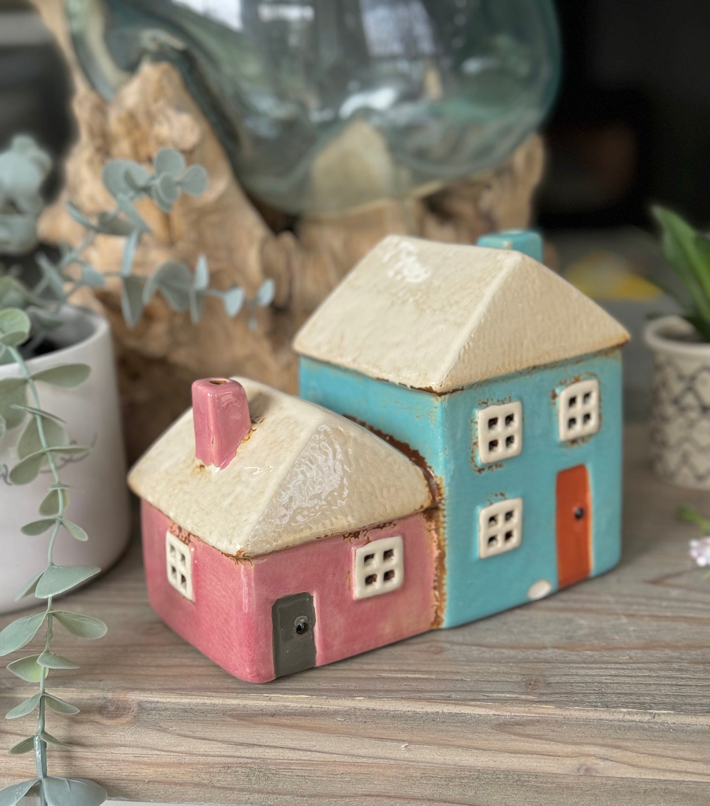 Cottage Pottery Pink/Aqua Two Tealight Houses
