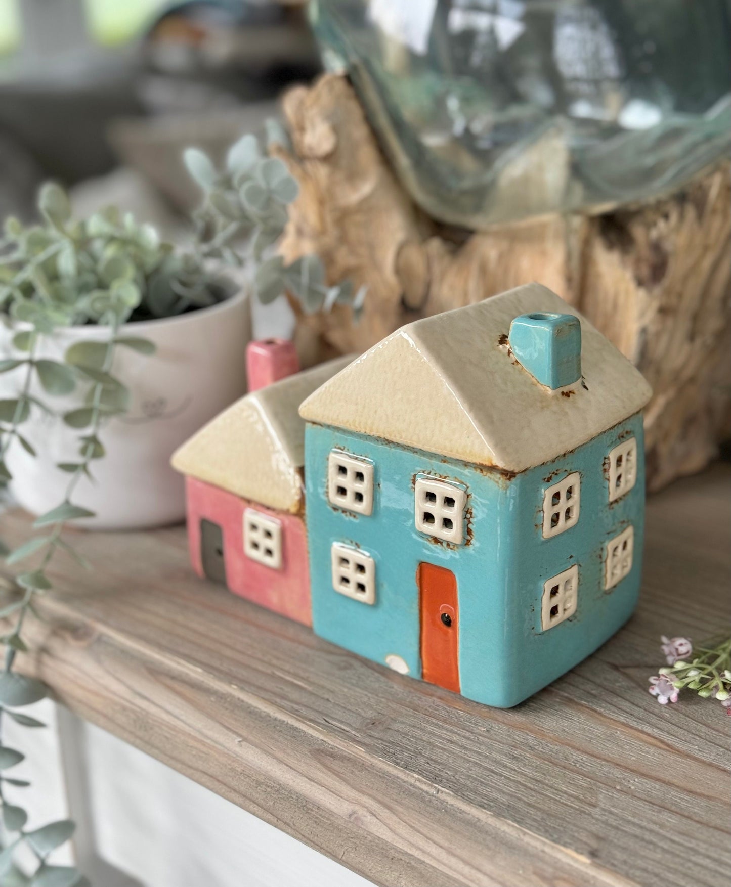 Cottage Pottery Pink/Aqua Two Tealight Houses