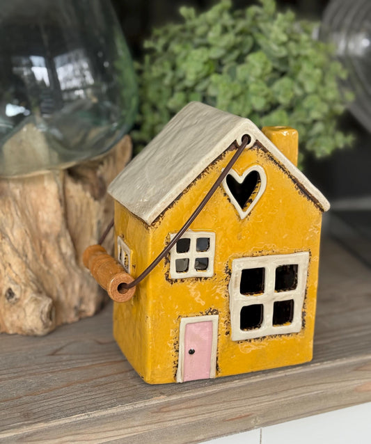 Yellow Ceramic House/Cottage Candle Holder with Handle