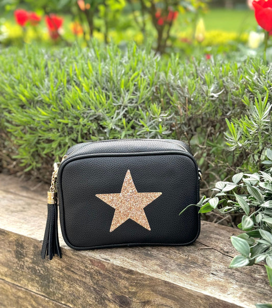 Black Cross Body Handbag with Gold Star