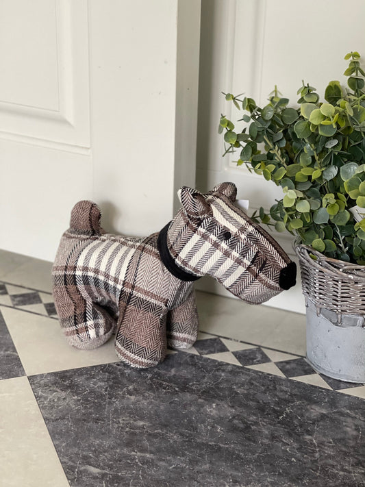 Bentley the Dog Fabric Household Door Stop - Brown Tartan