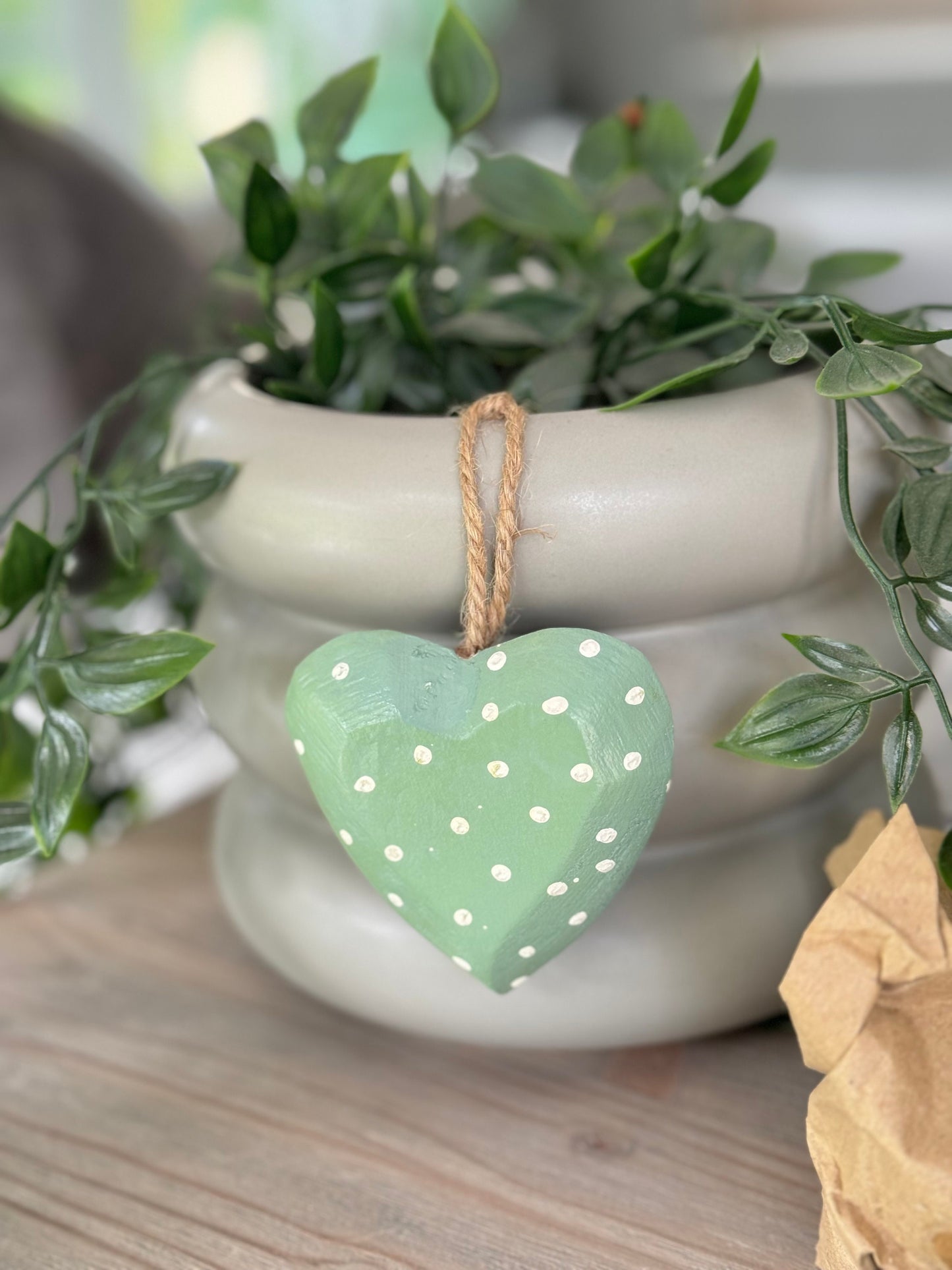 Sage Polka Dot Wood Heart - 8cm