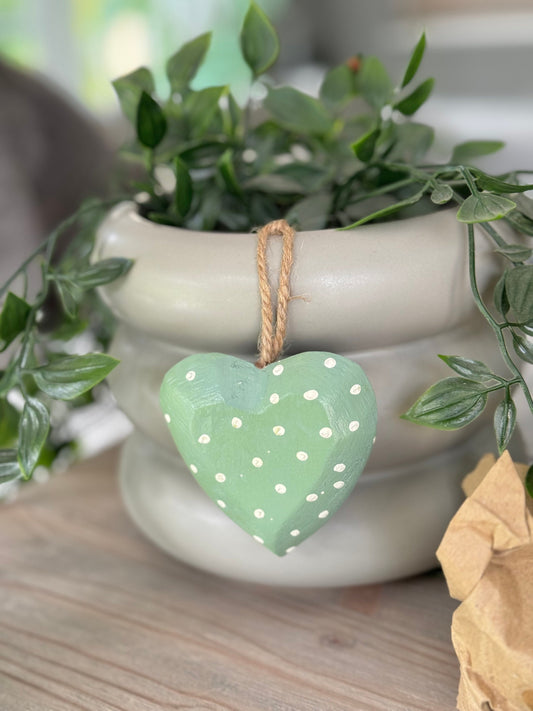 Sage Polka Dot Wood Heart - 8cm