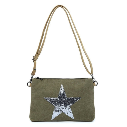 Khaki Green Flat Star Canvas Clutch/Crossbody with Strap